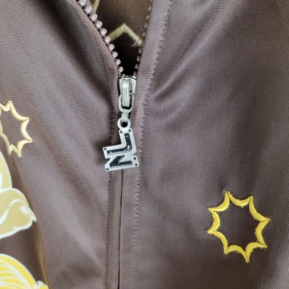 Jinzu Mens Y2K Birds Key Graphic Art Embroidered Bomber Jacket size XL Brown AOP - Picture 5 of 13